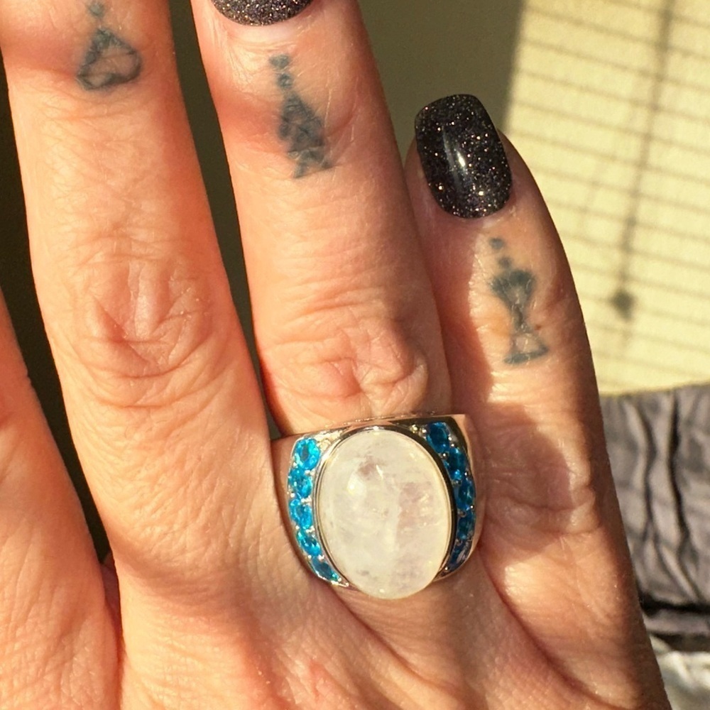 Moonstone with lab blue topaz Silver and Blue Gemstone Ring size 8
